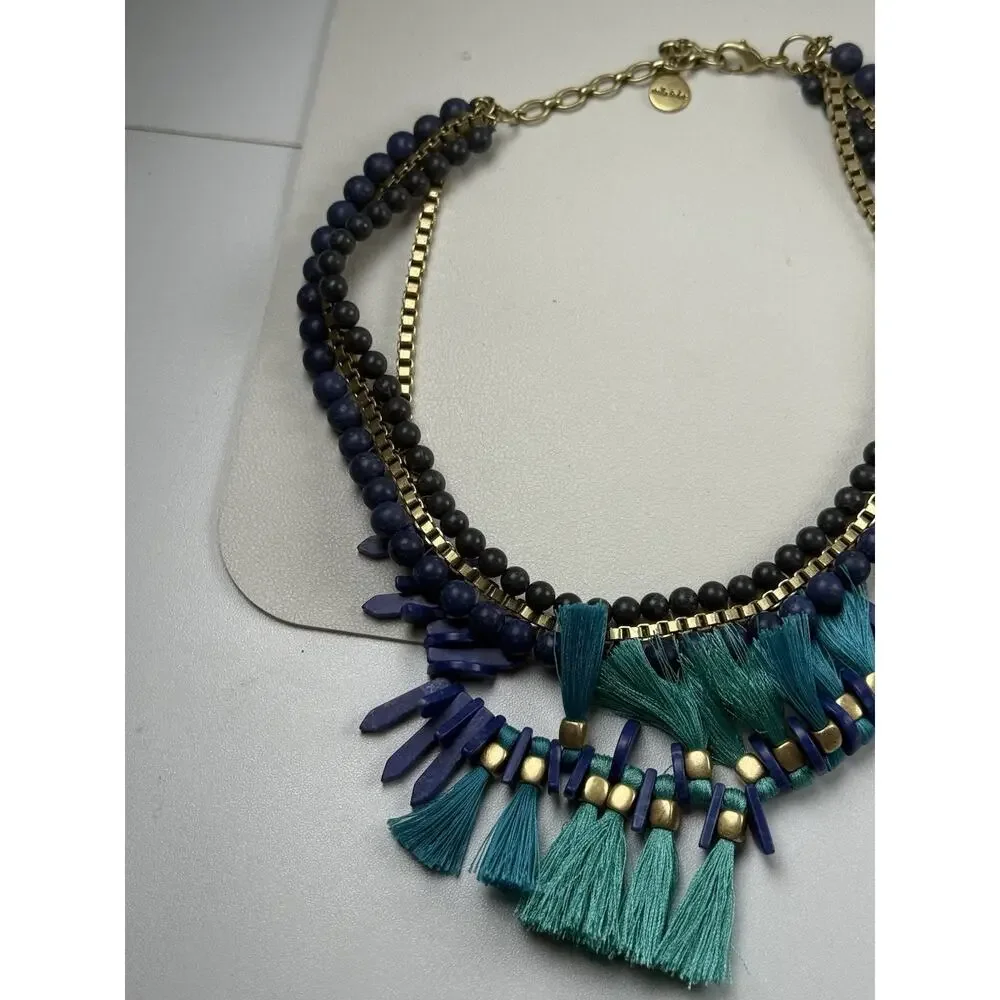 Stella & Dot Tresse Statement Necklace Faux Lapis Faux Turquoise Blue Fringe 16